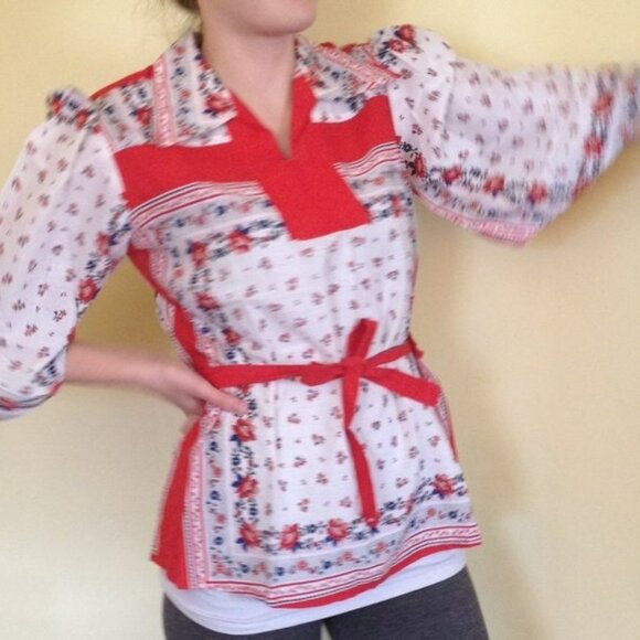 Ladies Peasant Hippie Boho Chic 1970s cotton Blouse top Tunic Gypsy Red and Whit - Picture 8 of 8